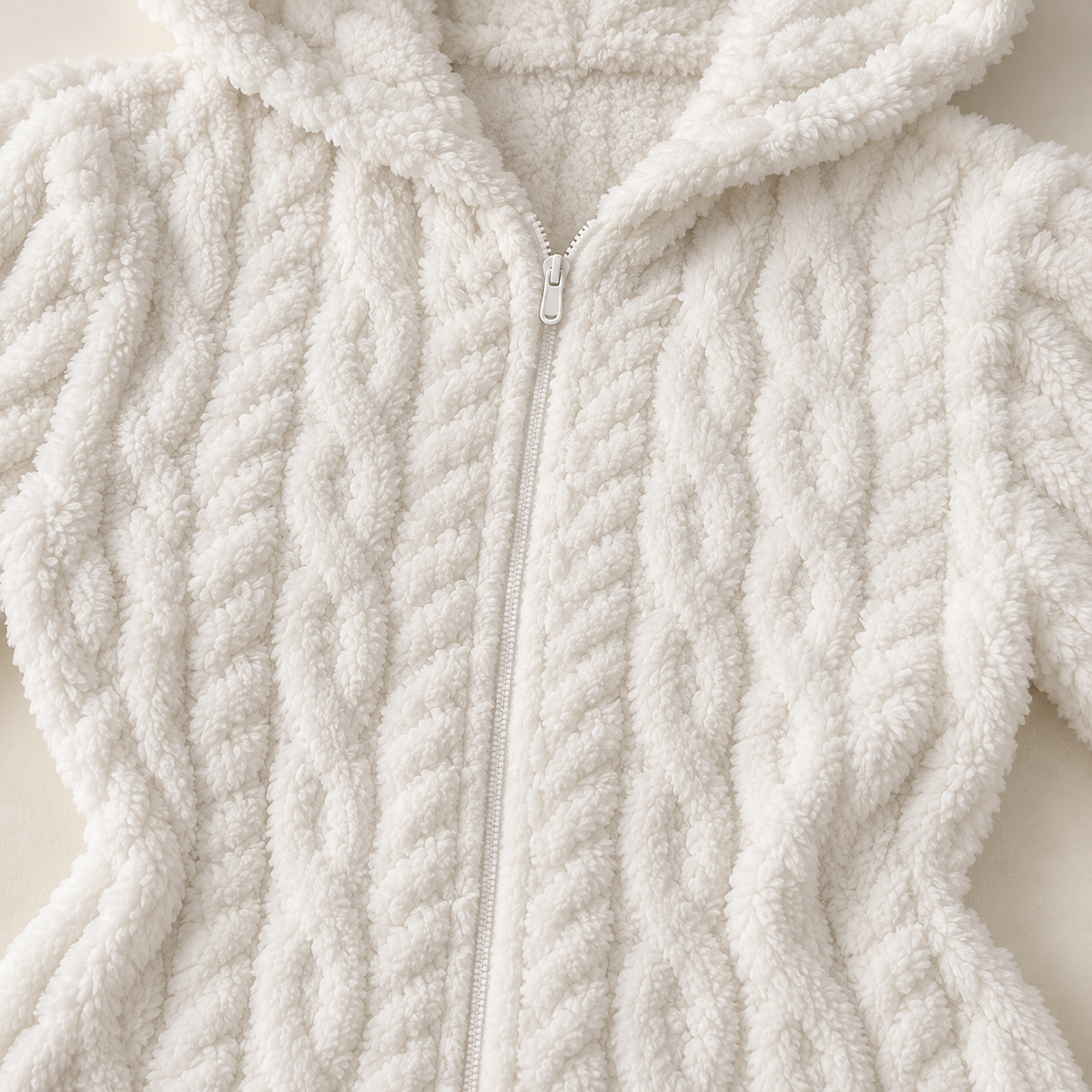 Close-up of the Cozy Bear romper front zipper and white textured plush