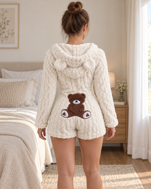 White Cozy Bear romper from the back