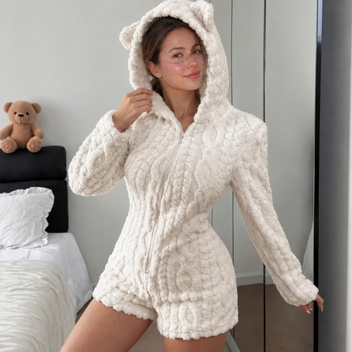 White Cozy Bear romper from the front