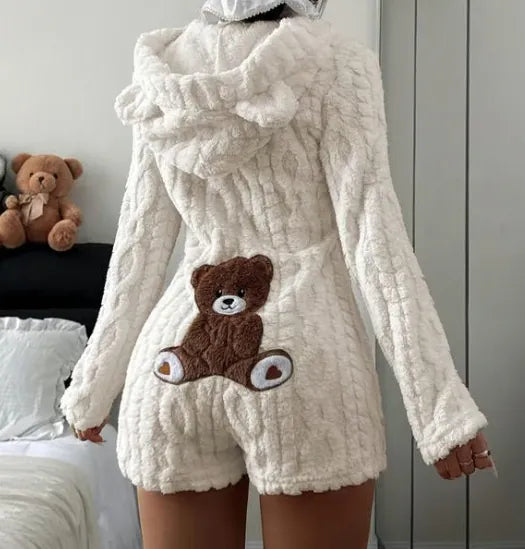 White Cozy Bear romper original back view showing the brown teddy-bear patch