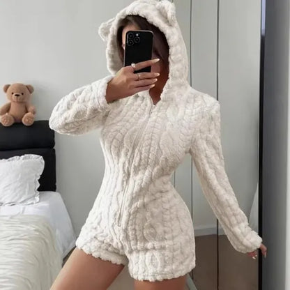 Cozy Bear white plush romper, supplier front view with zip fastening and bear-ear hood