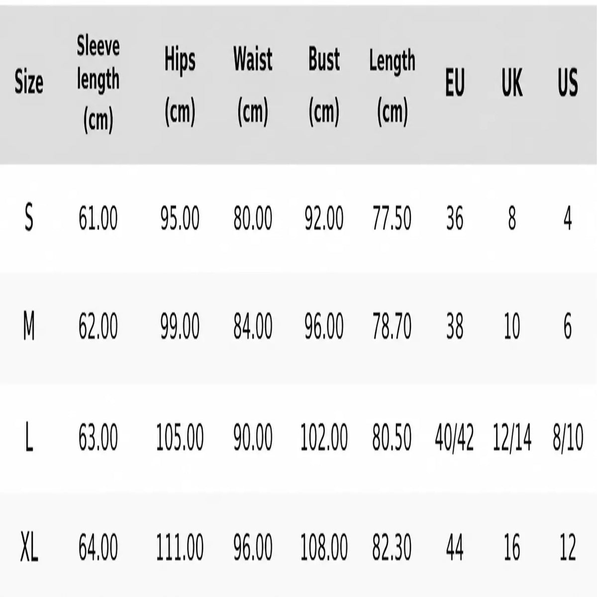Cozy Bear garment size chart in centimetres, sizes S to XL