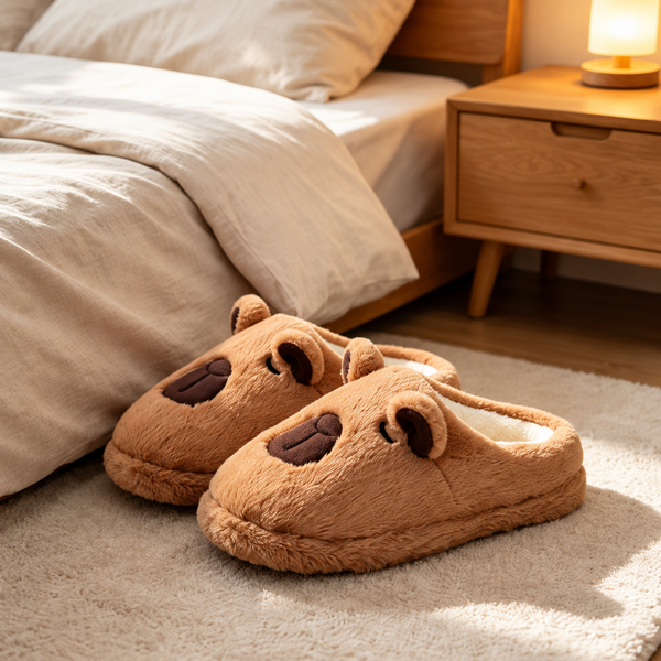 Brown capybara plush slippers
