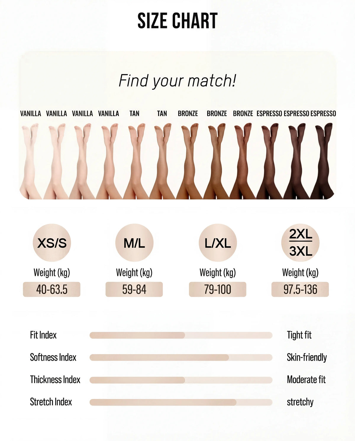 Size chart - thermal tights, weight guide in kilograms