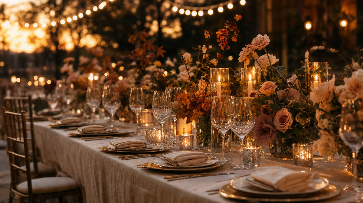 Fall wedding reception table at golden hour